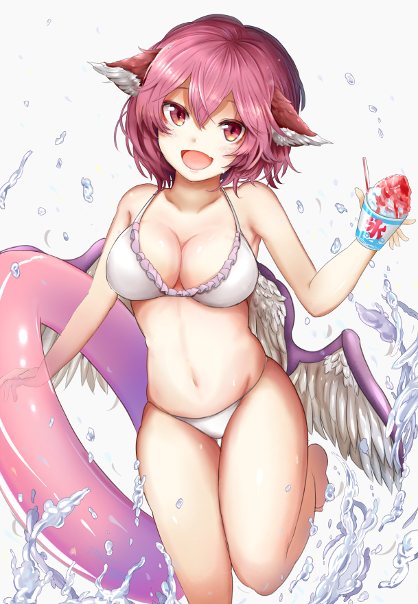 1girl animal_ears bare_legs bare_shoulders barefoot bikini bird_wings breasts cleavage collarbone commentary_request food happy holding holding_food houdukixx ice_cream ice_cream_cup innertube leg_up looking_at_viewer medium_breasts mystia_lorelei navel open_mouth pink_eyes pink_hair short_hair skindentation smile solo splashing standing swimsuit touhou water white_background white_bikini wings