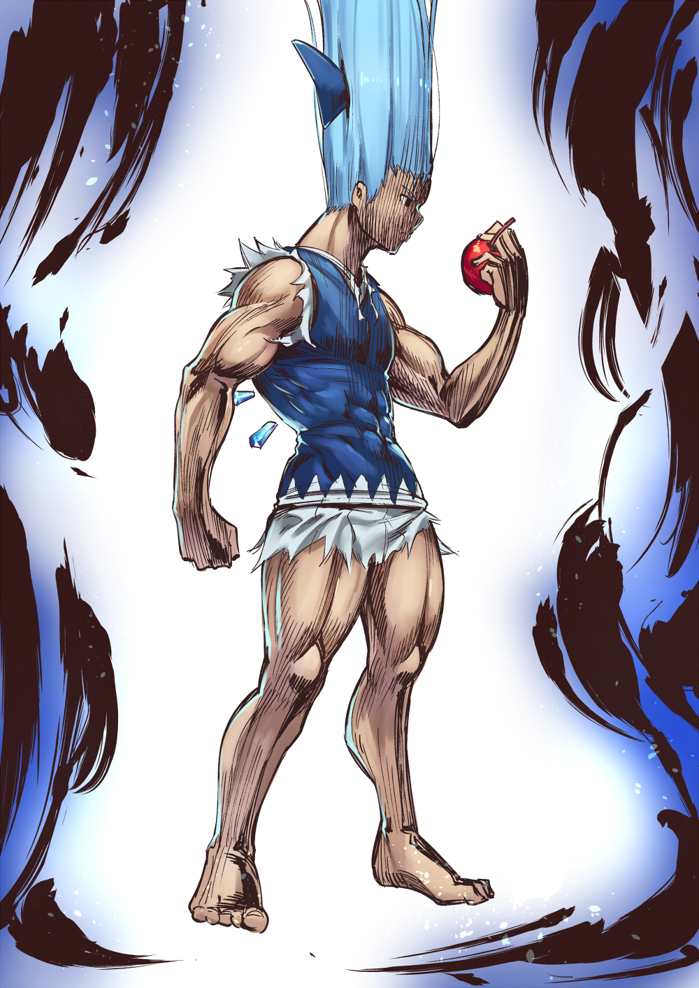 abs apple asutora aura bare_arms barefoot blue_background blue_bow blue_eyes blue_hair blue_vest bow cirno clenched_hand commentary_request food forehead fruit full_body genderswap genderswap_(ftm) gon-san gradient gradient_background hair_bow hair_raising hand_up highres holding holding_food holding_fruit hunter_x_hunter ice ice_wings long_hair male_focus muscle parody profile shirt sleeveless sleeveless_shirt solo torn_clothes touhou vest white_background white_shirt wings