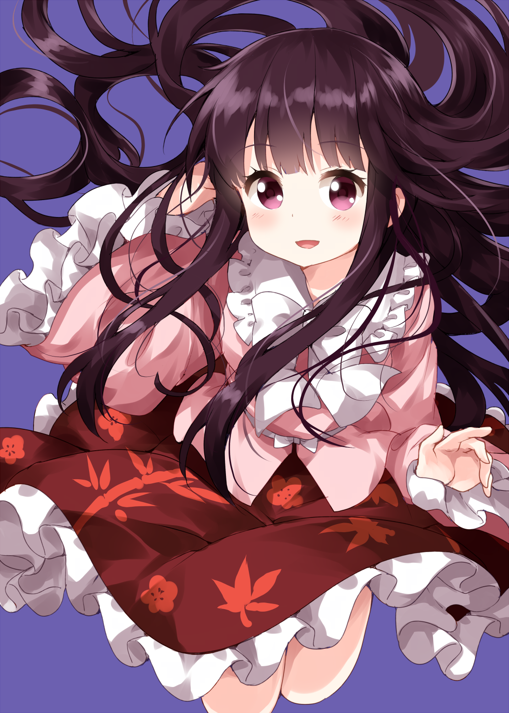 1girl arm_up bamboo_print bangs black_hair blouse blue_background bow eyebrows_visible_through_hair floral_print folded_leg frilled_skirt frilled_sleeves frills hair_spread_out hand_in_hair highres houraisan_kaguya jumping leaf_print long_hair long_sleeves looking_at_viewer parted_lips pink_blouse purple_eyes red_skirt ruu_(tksymkw) shiny shiny_hair sidelocks simple_background skirt solo touhou very_long_hair white_bow white_neckwear