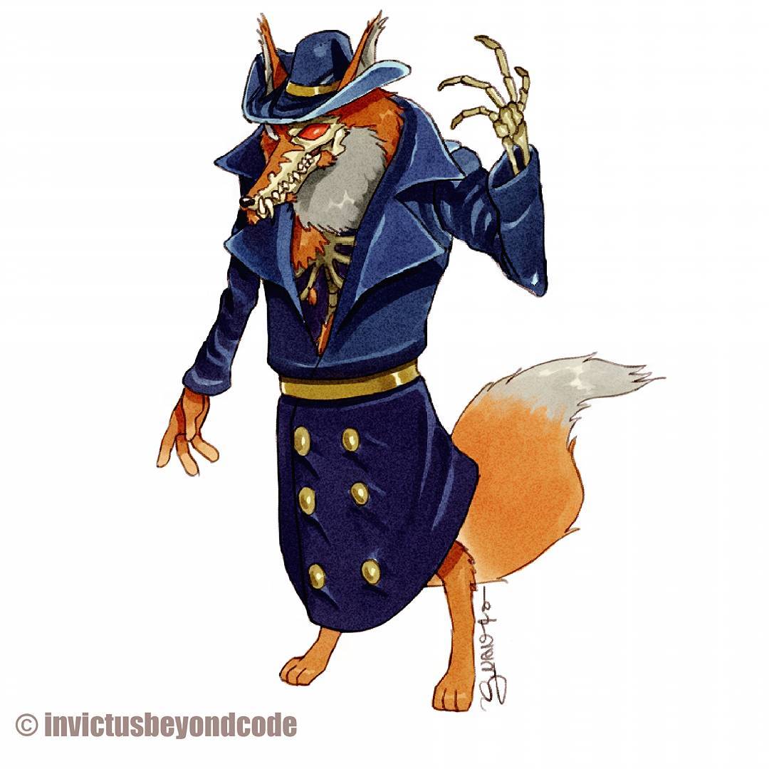 bone canine clothing creepy fox hat invictus_beyond_code_(video_game) juanito_medina male mammal ribs simple_background skull solo standing trenchcoat white_background