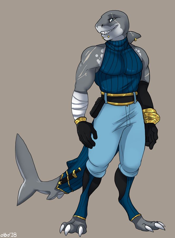 anthro bandage clothed clothing dbd facial_piercing fin fin_piercing fish furgonomics furry-specific_piercing grin lip_piercing looking_at_viewer male marine muscular muscular_male piercing scar shark sharp_teeth simple_background smile solo standing tail_clothing tail_warmer teeth
