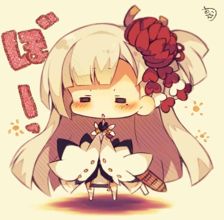 =_= azur_lane blush chibi closed_eyes commentary_request flower full_body hair_flower hair_ornament long_hair muuran shoukaku_(azur_lane) solo standing white_hair