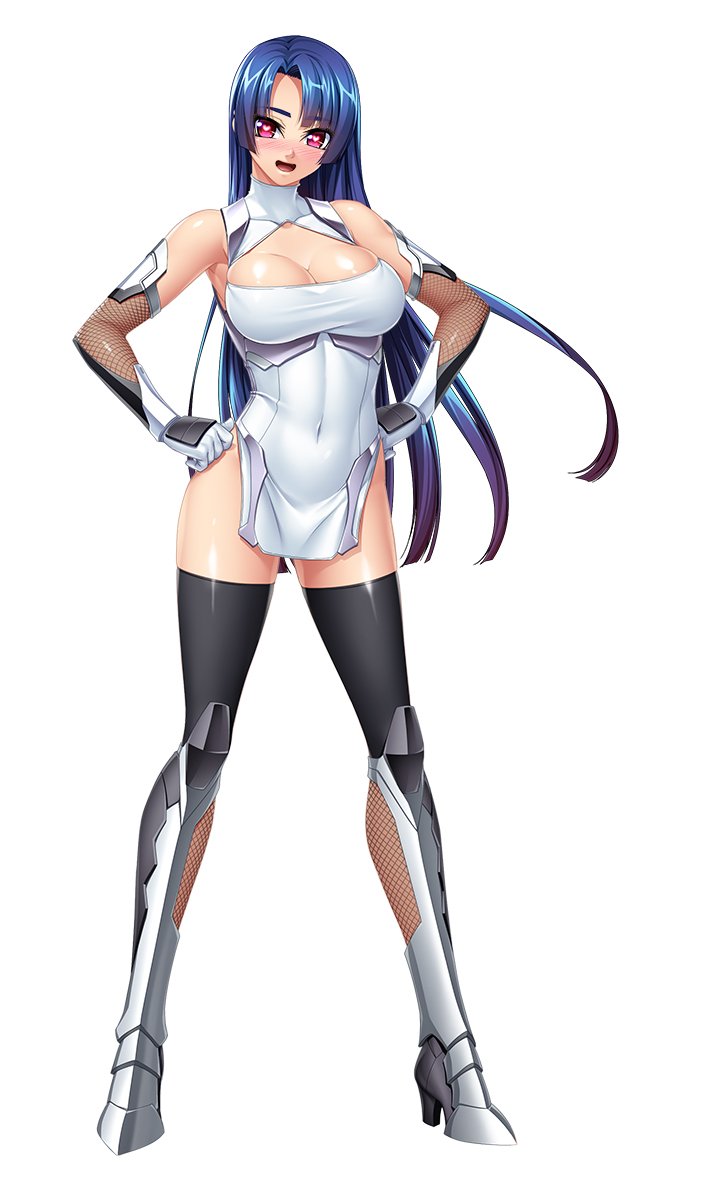 bangs bare_shoulders black_legwear blue_hair blush breasts commentary_request covered_navel dress elbow_gloves eyebrows_visible_through_hair fishnets full_body gloves gradient gradient_hair hands_on_hips heart heart-shaped_pupils highres kagami_hirotaka large_breasts long_hair looking_at_viewer multicolored_hair official_art open_mouth pelvic_curtain red_eyes shiny shiny_hair shiny_skin short_dress simple_background sleeveless smile solo standing symbol-shaped_pupils taimanin_(series) taimanin_murasaki thighhighs turtleneck white_background yatsu_murasaki