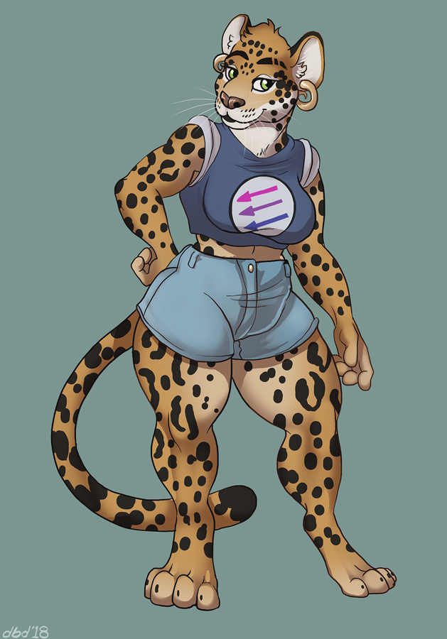 4_toes anthro breasts cheetah clothed clothing dbd denim_shorts ear_piercing feline female looking_at_viewer mammal piercing shorts simple_background solo standing thick_thighs toes whiskers