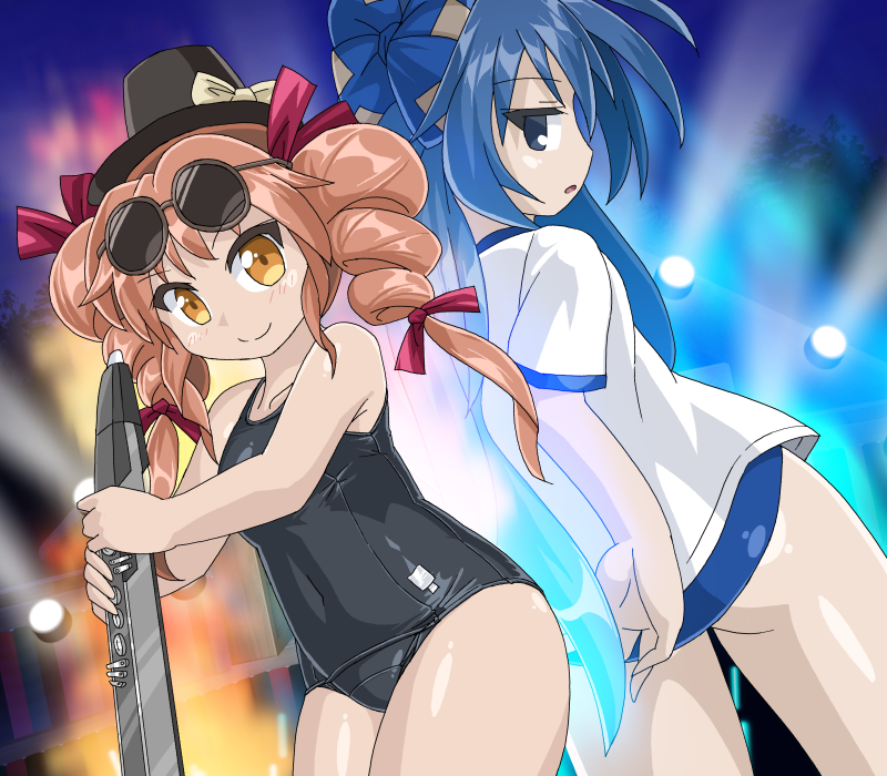 alternate_costume armpit_crease aura back-to-back bare_arms bare_shoulders black_school_swimsuit blue_eyes blue_hair bow breasts buruma collarbone commentary_request cowboy_shot drill_hair dutch_angle electric_wind_instrument eyewear_on_head hair_bow hair_ribbon hat instrument long_hair looking_at_viewer looking_back mini_hat mini_top_hat multiple_girls night old_school_swimsuit one-piece_swimsuit open_mouth outdoors pink_hair ribbon school_swimsuit shirt short_sleeves siblings sideways_glance sisters sky small_breasts smile spotlight sunglasses swimsuit t-shirt top_hat touhou tree tress_ribbon twin_drills untucked_shirt very_long_hair winn yellow_eyes yorigami_jo'on yorigami_shion