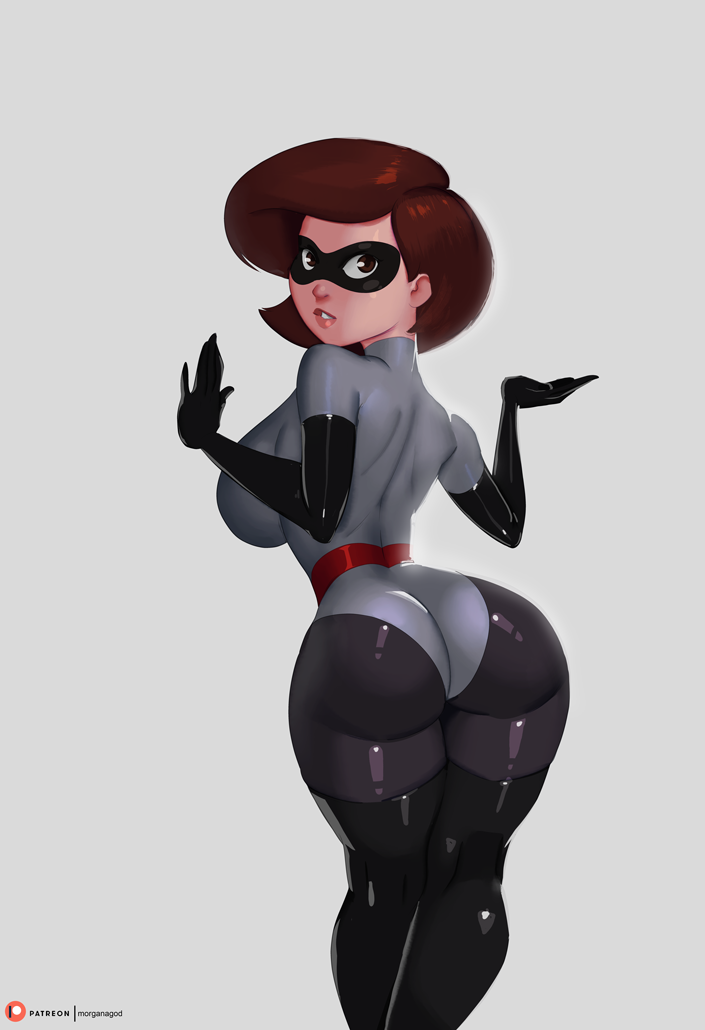 ass back bangs bodysuit breasts brown_eyes brown_hair commentary curvy domino_mask elastigirl elbow_gloves english_commentary from_behind gloves helen_parr kneepits large_breasts latex latex_gloves leotard lips looking_back mask mature morganagod pantyhose patreon_username shiny shiny_clothes short_hair skin_tight slender_waist solo superhero swept_bangs the_incredibles thick_thighs thighhighs thighs