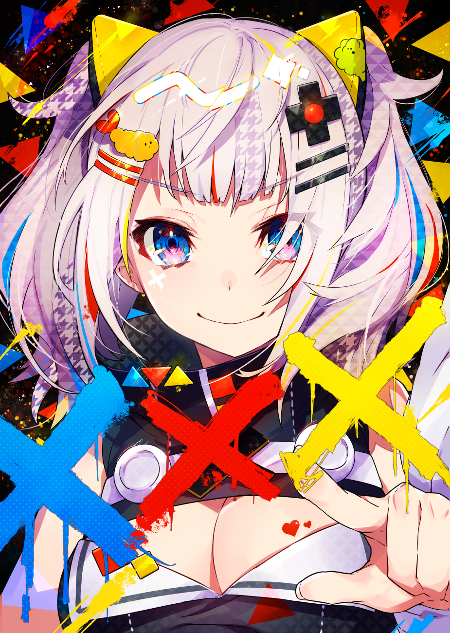 abstract bangs bare_shoulders black_dress blue_eyes breasts cleavage cleavage_cutout closed_mouth colorful commentary_request cross-laced_clothes dress eyebrows_visible_through_hair fingernails hair_ornament hairclip highres kaguya_luna kaguya_luna_(character) large_breasts long_hair looking_at_viewer mika_pikazo sidelocks silver_hair sleeveless sleeveless_dress smile solo stitching twintails v-shaped_eyebrows virtual_youtuber x