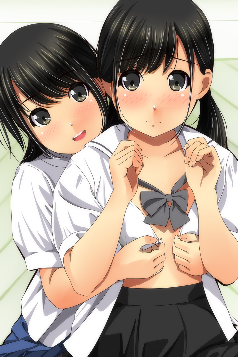 :d bangs black_eyes black_hair black_skirt blue_skirt blush bow bowtie bra closed_mouth collarbone commentary_request dressing_another eyebrows_visible_through_hair fingernails front-hook_bra grey_neckwear hair_between_eyes hands_up head_tilt highres long_hair looking_at_viewer matsunaga_kouyou multiple_girls nose_blush open_bra open_clothes open_mouth open_shirt original pleated_skirt round_teeth sailor_collar school_uniform serafuku shirt short_sleeves skirt smile teeth underwear upper_teeth white_bra white_sailor_collar white_shirt