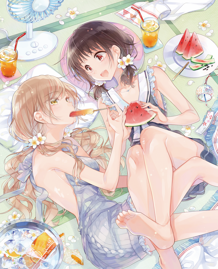 :d backless_outfit bangs barefoot black_hair breasts brown_hair coaster commentary_request cup dress drinking_glass drinking_straw electric_fan eyebrows_visible_through_hair flower food frills fruit futaribeya grey_sweater hair_flower hair_ornament holding holding_food holding_fruit ice ice_cube kawawa_sakurako long_hair looking_at_another low_twintails lying medium_hair meme_attire mouth_hold multiple_girls on_back on_floor on_side open_mouth petals pillow plate popsicle popsicle_stick red_eyes ribbed_sweater round_teeth sailor_dress sideboob sleeveless sleeveless_dress smile sweater sweater_dress tatami teeth towel twintails upper_teeth virgin_killer_sweater watermelon watermelon_seeds white_flower wind_chime yamabuki_kasumi yellow_eyes yukiko_(tesseract)