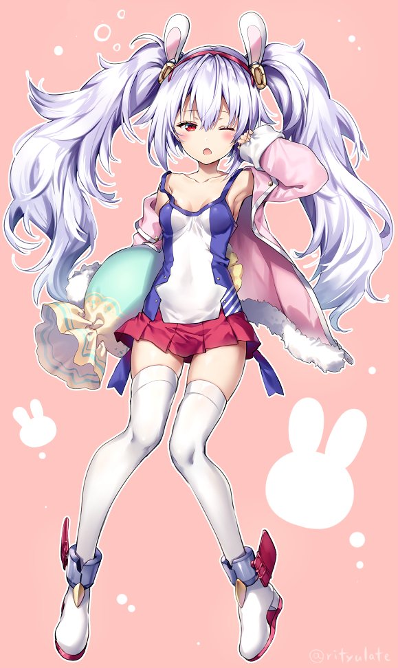 animal_ears armpits azur_lane blush breasts collarbone commentary_request drowsy fake_animal_ears full_body headband jacket laffey_(azur_lane) lavender_hair looking_at_viewer messy_hair one_eye_closed open_mouth pillow red_eyes riichu shoes simple_background small_breasts solo thighhighs twintails twitter_username white_legwear
