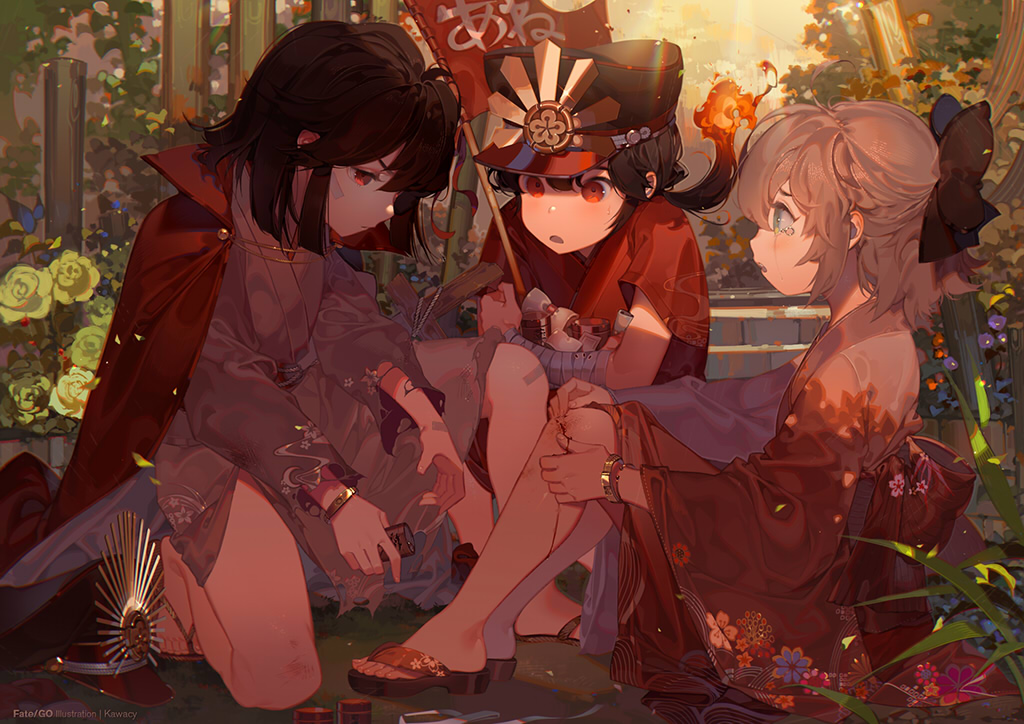 2girls bandaid bangs black_bow black_hair black_hat bleeding blonde_hair blood bow bracelet brother_and_sister candy cape commentary_request energy_drink family_crest fate/grand_order fate_(series) fiery_hair flag floral_print flower food hair_bow hat injury japanese_clothes jewelry kawacy kimono koha-ace military_hat multiple_girls no_hat no_headwear oda_nobukatsu_(fate/grand_order) oda_nobunaga_(fate) oda_uri okita_souji_(fate) okita_souji_(fate)_(all) open_mouth outdoors pink_kimono ponytail red_cape red_eyes red_kimono rose scratches short_hair siblings sitting tears torn_clothes torn_kimono yukata