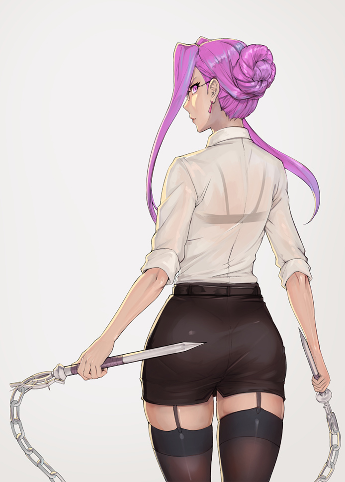 alternate_hairstyle ass bangs black_bra black_skirt bra brown_legwear chain chinese_commentary closed_mouth commentary_request contemporary dual_wielding earrings fate/stay_night fate_(series) from_behind garter_straps glasses grey_background hair_bun hair_intakes holding holding_weapon huitu_xigai jewelry long_hair looking_at_viewer looking_back nameless_dagger office_lady pencil_skirt pink_eyes profile purple_hair rider see-through shiny shiny_hair shirt sideways_glance skindentation skirt sleeves_rolled_up solo standing thighhighs underwear weapon white_shirt