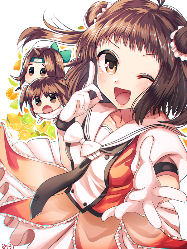 ;d blush breasts brown_eyes brown_hair chibi collarbone commentary_request double_bun dress food forehead_protector fruit fruit_background gloves hakusai_ponzu headband jintsuu_(kantai_collection) kantai_collection long_hair looking_at_viewer multiple_girls naka_(kantai_collection) necktie one_eye_closed open_mouth orange remodel_(kantai_collection) scarf school_uniform sendai_(kantai_collection) serafuku small_breasts smile two_side_up white_gloves