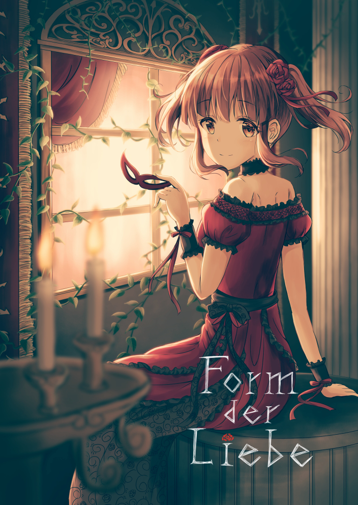 arm_support bangs brown_eyes brown_hair candle choker dress fire floating_hair flower from_side german hair_flower hair_ornament hair_ribbon holding holding_mask idolmaster idolmaster_cinderella_girls indoors kuensan lolita_fashion looking_at_viewer love_destiny mask masque:rade ogata_chieri red_dress red_flower red_ribbon red_rose ribbon rose short_hair short_sleeves sidelocks sitting smile solo translated twintails window wrist_cuffs