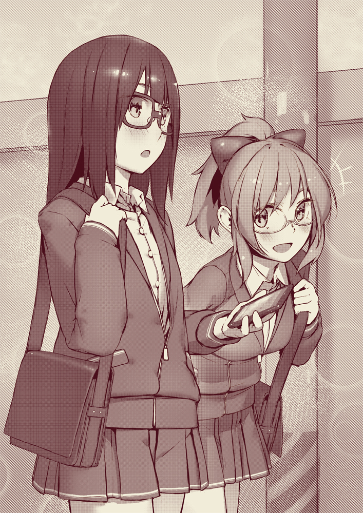 2girls :d :o bag bangs blush bow buttons cellphone collared_shirt commentary cowboy_shot dress_shirt glasses hair_bow holding holding_phone holding_strap jacket leaning_forward long_hair long_sleeves looking_at_another looking_to_the_side medium_skirt monochrome multiple_girls open_mouth original partially_unzipped phone pleated_skirt pocket ponytail rotix school_bag school_uniform shiny shiny_hair shirt short_hair sidelocks skirt smartphone smile standing straight_hair wing_collar zipper zipper_pull_tab