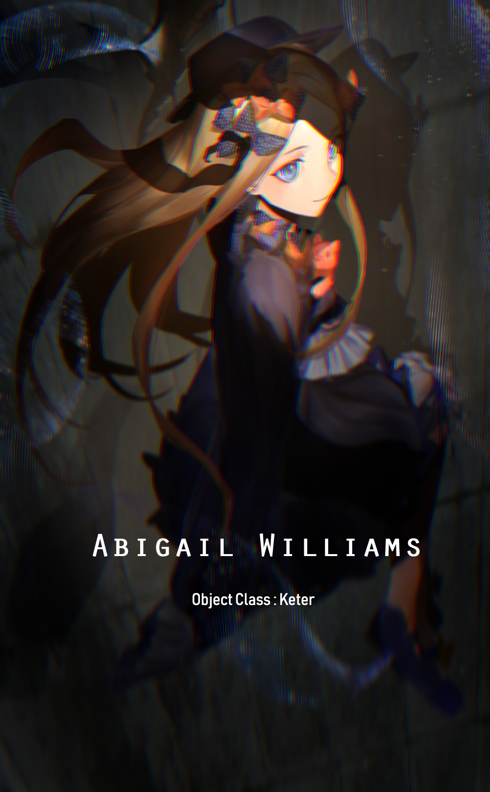 abigail_williams_(fate/grand_order) bangs black_bow black_dress black_footwear black_hat blonde_hair bloomers blue_eyes blurry bow bug butterfly character_name chromatic_aberration chromatic_aberration_abuse closed_mouth commentary_request dress fate/grand_order fate_(series) forehead hair_bow hat highres insect long_hair long_sleeves looking_at_viewer looking_back nuda object_hug orange_bow parted_bangs pixiv_fate/grand_order_contest_2 polka_dot polka_dot_bow shoes sleeves_past_fingers sleeves_past_wrists smile solo stuffed_animal stuffed_toy teddy_bear underwear very_long_hair white_bloomers