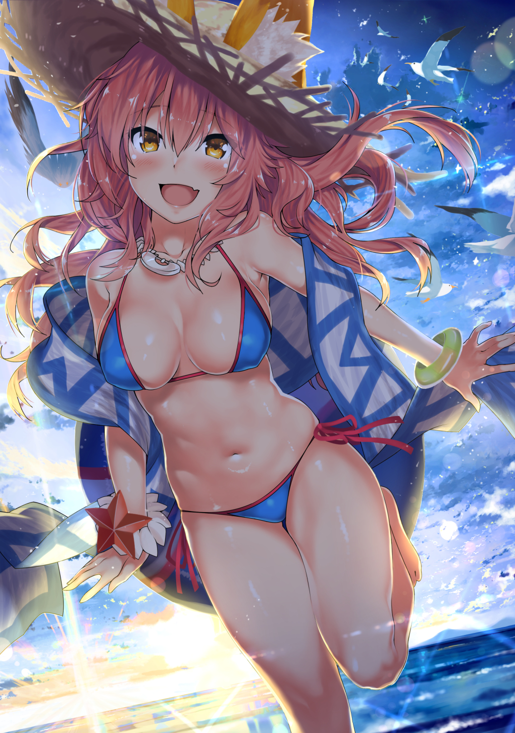 animal_ear_fluff animal_ears bangs bare_shoulders beach bikini bird blue_bikini blue_sky blush bracelet breasts cleavage collarbone commentary_request ears_through_headwear fate/extra fate/grand_order fate_(series) fox_ears fox_tail hair_between_eyes hat highres hips innertube jewelry kawai large_breasts long_hair looking_at_viewer navel necklace ocean open_mouth pink_hair sash seagull sky smile solo sun_hat sunlight swimsuit tail tamamo_(fate)_(all) tamamo_no_mae_(swimsuit_lancer)_(fate) thighs yellow_eyes