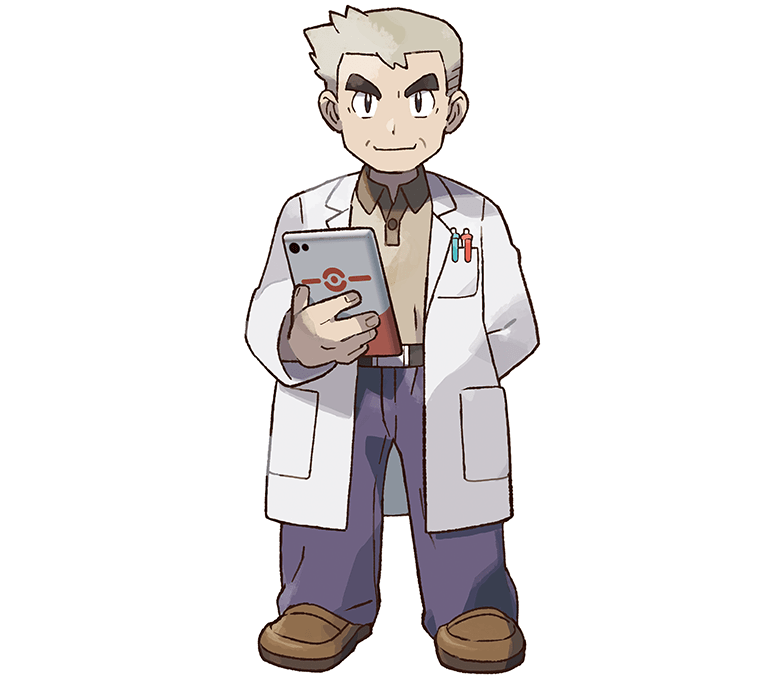arm_behind_back artist_request belt black_eyes blue_pants brown_footwear brown_shirt coat full_body grey_hair hand_up holding labcoat long_sleeves looking_at_viewer male_focus mizutani_megumi official_art ookido_yukinari outline pants pen pokemon pokemon_(game) pokemon_lgpe shirt shoes short_hair smile solo standing tablet thick_eyebrows transparent_background white_coat white_outline