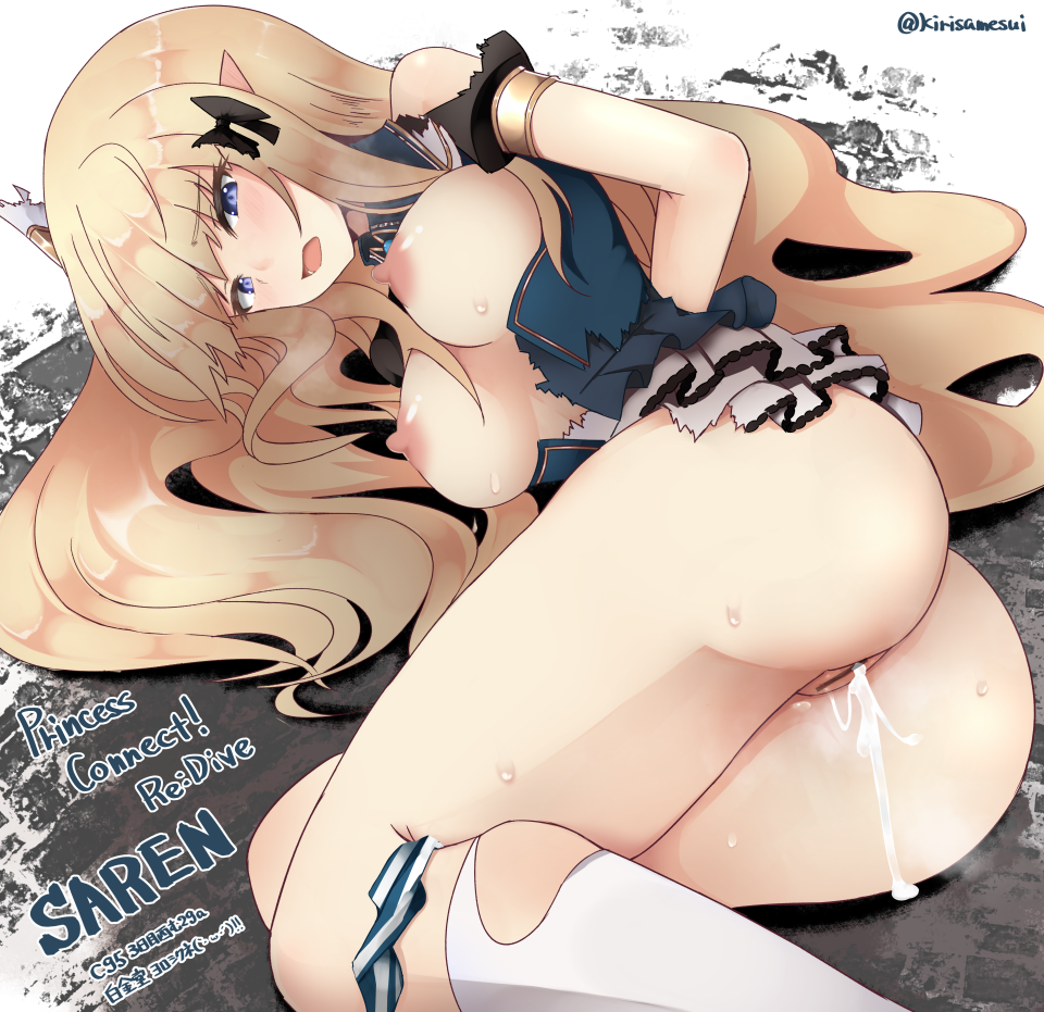 1girl aftersex blonde_hair blue_eyes breasts censored copyright_name cum cumdrip elf large_breasts long_hair nipples panties panty_pull pointy_ears princess_connect! princess_connect!_re:dive pussy sasaki_saren short_sleeves solo suisui_(hakkindou) torn_clothes underboob underwear
