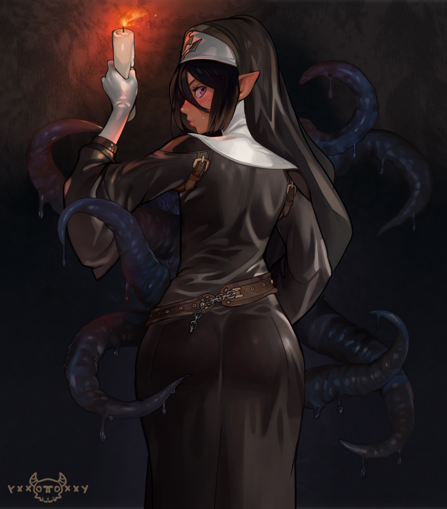 ass belt black_hair blush candle commentary crossdressing elf english_commentary from_behind gloves habit hair_between_eyes imminent_rape lips looking_back loose_belt male_focus nun original otoko_no_ko pointy_ears purple_eyes solo tan tentacles toxxy white_gloves