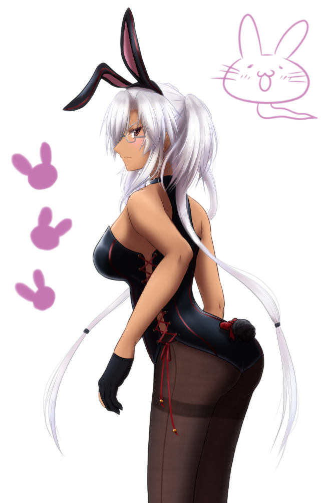 animal_ears ass black_gloves black_legwear blush breasts brown_eyes bunny_ears bunny_tail bunnysuit closed_mouth commentary_request fake_animal_ears fake_tail glasses gloves kantai_collection large_breasts leotard melound musashi_(kantai_collection) pantyhose partly_fingerless_gloves short_hair_with_long_locks simple_background solo tail thighband_pantyhose white_background white_hair