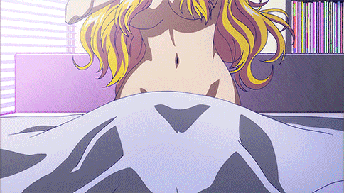 1girl animated armpits asymmetrical_hair bed bedroom blonde_hair breasts galko godiva_hair large_breasts navel nude oshiete!_galko-chan screen_capture stretch wide_hips window