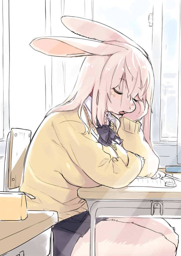 animal_ears arm_rest black_skirt breasts bunny_ears chair chin_rest classroom closed_eyes commentary_request desk furry indoors kishibe large_breasts long_hair open_mouth original school_uniform shirt sitting skirt sleeping sleeping_upright solo sweater white_hair white_shirt window yellow_sweater