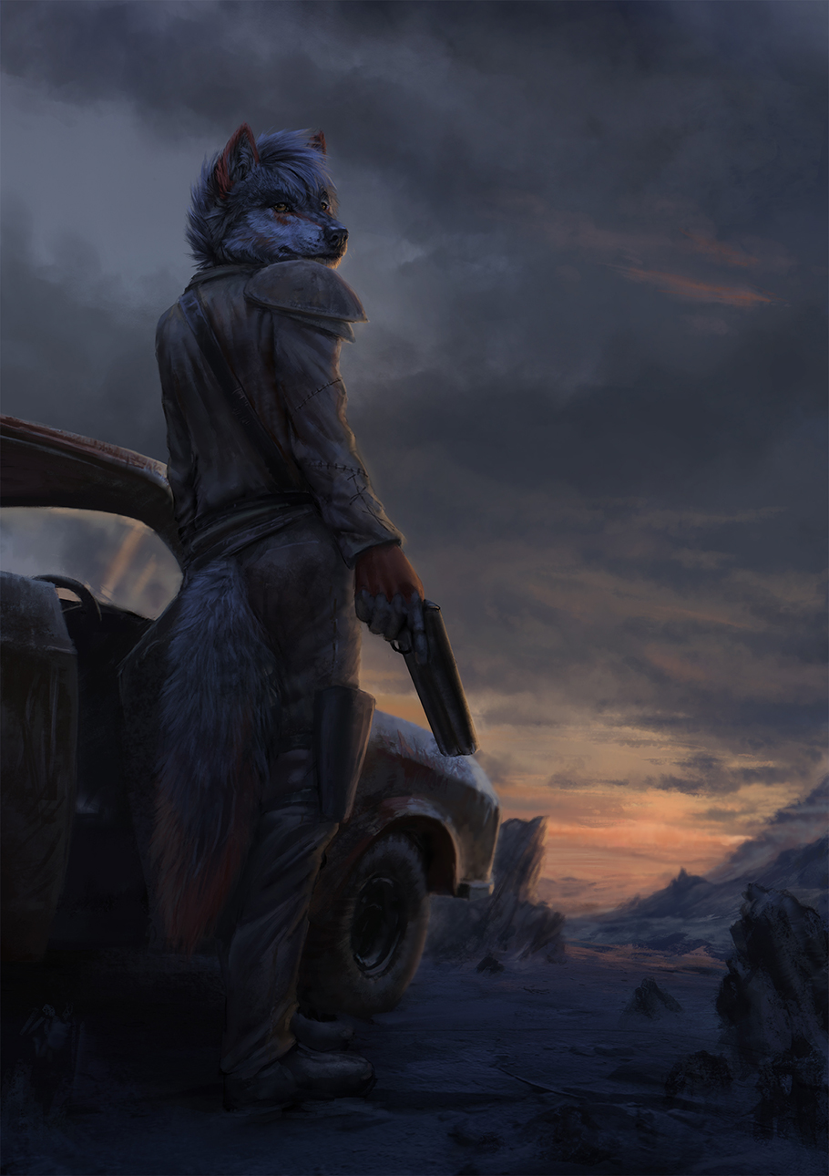 2018 5_fingers anthro black_fur black_nose brown_eyes butt_pose canine clothed clothing conditional_dnp day detailed_background digital_media_(artwork) fur gun holding_object holding_weapon latex_(artist) male mammal outside ranged_weapon sky solo weapon wolf
