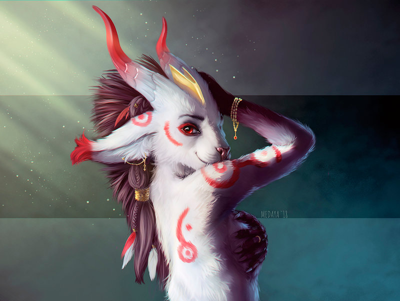 2018 ahnkai anthro biped bracelet braided_hair breasts brown_hair bust_portrait claws covering covering_breasts covering_self curved_horn demon detailed digital_media_(artwork) digital_painting_(artwork) ear_piercing ear_tuft eye_markings feathers feline female fur grey_background hair hairband horn hybrid inner_ear_fluff jewelry lighting looking_back loose_feather mammal markings medaya medium_breasts multicolored_fur nude piercing pink_nose pinup portrait pose raised_arm rear_view red_eyes red_fur red_horn red_markings ring shadow simple_background single_braid smile snout solo sunlight tuft two_tone_fur two_tone_horn white_fur white_horn