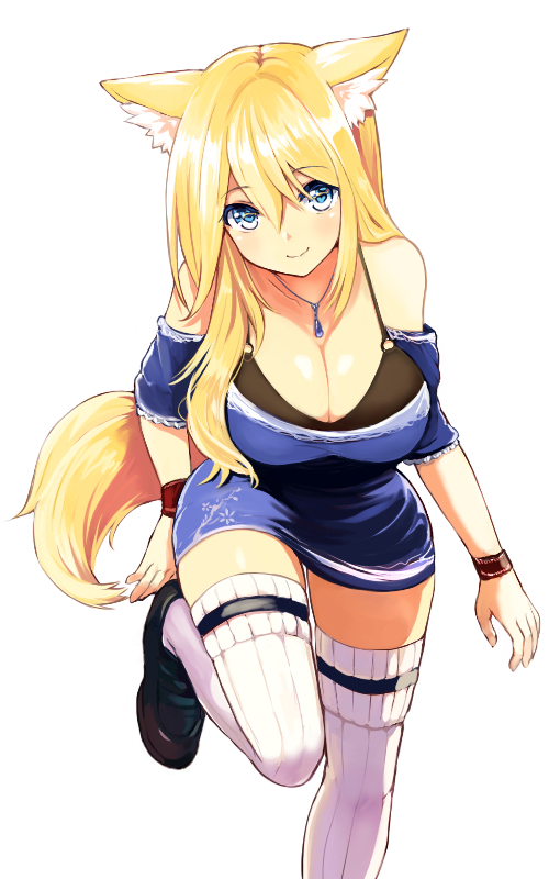 animal_ear_fluff animal_ears bangs bare_shoulders black_footwear blonde_hair blue_dress blue_eyes blush breasts cleavage closed_mouth commentary_request dress eyebrows_visible_through_hair fox_ears fox_girl fox_tail futaba_aoi hair_between_eyes jewelry large_breasts loafers long_hair naomi_(sekai_no_hate_no_kissaten) original pendant ribbed_legwear shoes short_sleeves simple_background smile solo standing standing_on_one_leg tail thighhighs very_long_hair white_background white_legwear