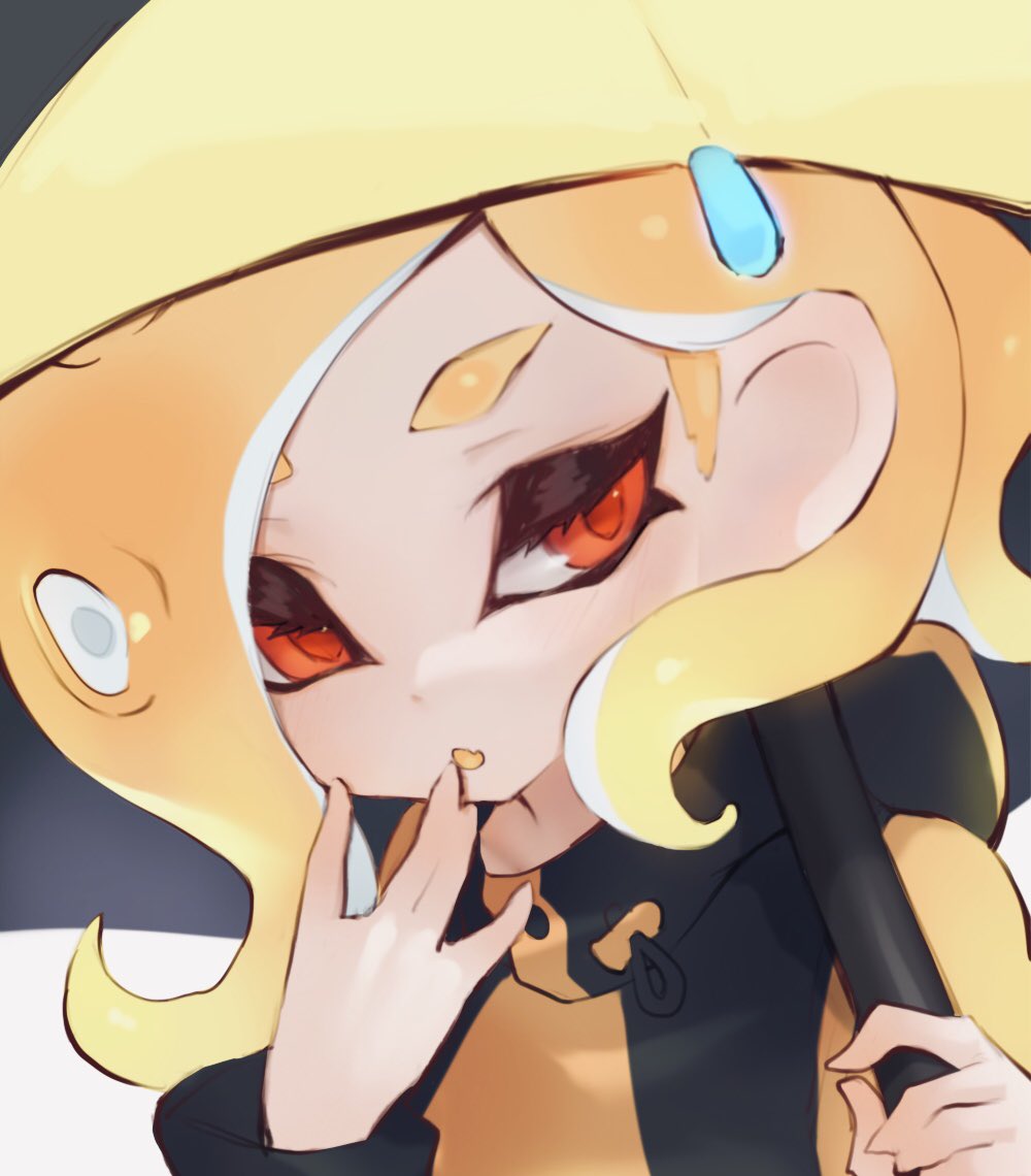 1girl :o blonde_hair fang hand_to_own_mouth hand_up holding holding_umbrella jtveemo long_hair octarian octoling open_mouth orange_eyes over_shoulder simple_background solo splat_brella_(splatoon) splatoon splatoon_(series) splatoon_2 suction_cups tentacle_hair umbrella upper_body white_background