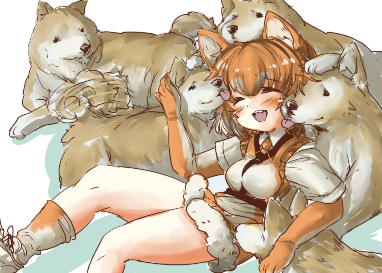 afterimage animal_ears blush collared_shirt commentary_request dog dog_(kemono_friends) dog_ears elbow_gloves eyebrows_visible_through_hair fang fur_trim gloves harness kemono_friends light_brown_hair multicolored_hair necktie open_mouth shirt shoes short_hair short_sleeves shorts sitting sneakers socks tail_wagging tikano white_hair
