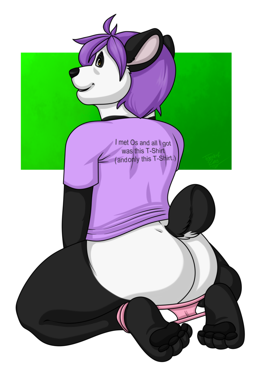 bear bottomless butt clothed clothing hair kaishi kneeling looking_back male mammal os panda pants_down partially_clothed pawpads purple_hair raised_tail shirt solo t-shirt