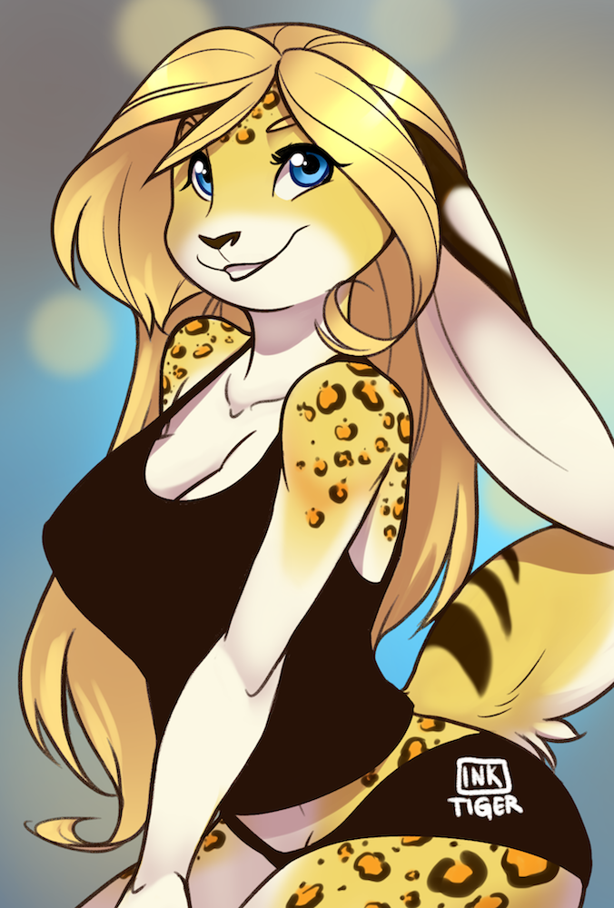 2018 big_breasts blonde_hair blue_eyes bra breasts chi clevage clothing cute eyelashes feline female hair hybrid inktiger ipad lagomorph leopard mammal open_mouth panties rabbit smile underwear