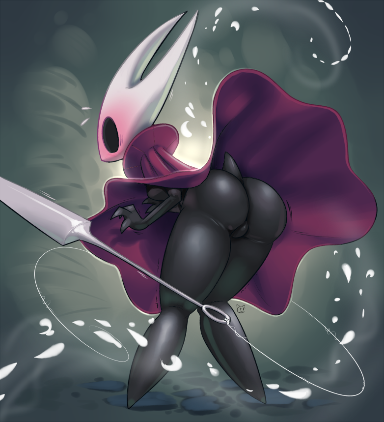 2018 arthropod blush butt clothed clothing conditional_dnp embarrassed female hollow_knight hornet_(hollow_knight) humanoid insect knock-kneed knock_kneed looking_back not_furry rear_view signature solo standing sweat teckworks thick_thighs upskirt