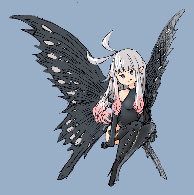 1girl :p anne_(bravely_second) antenna_hair black_gloves black_legwear black_leotard blue_background blue_eyes boots bravely_default_(series) bravely_second:_end_layer elbow_gloves fairy fairy_wings gloves grey_hair leotard long_hair pointy_ears simple_background sitting smile solo thigh_boots thighhighs tongue tongue_out wings
