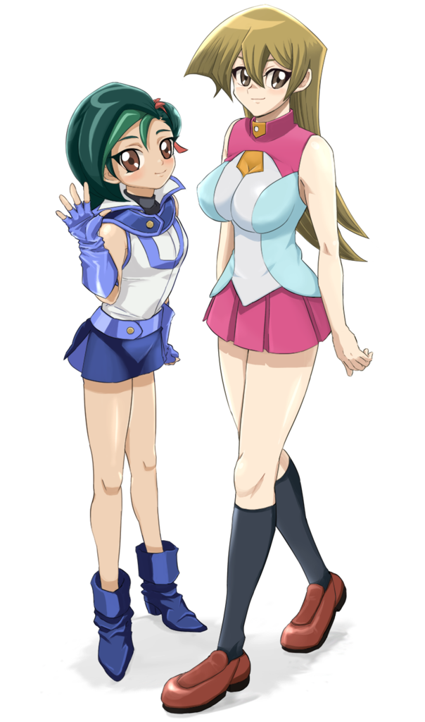 2girls areolae artist_request blush breasts female green_hair large_breasts long_hair looking_at_viewer mizuki_kotori_(yuu-gi-ou_zexal) multiple_girls navel salute school_uniform shiny shiny_skin shoes skirt smile standing tenjouin_asuka yellow_eyes yu-gi-oh! yuu-gi-ou yuu-gi-ou_gx yuu-gi-ou_zexal