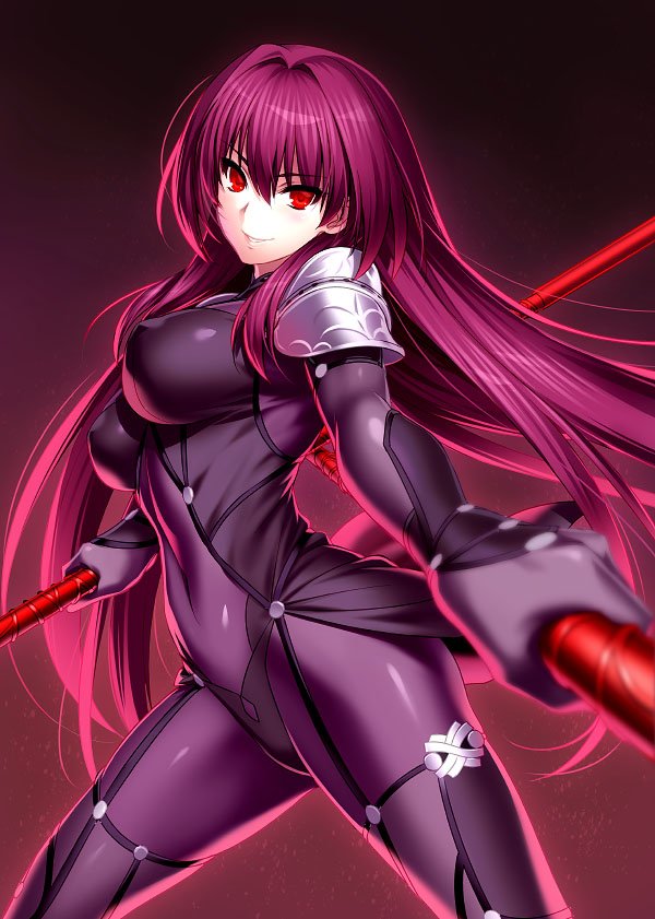1girl bangs black_background blurry bodysuit breasts covered_navel depth_of_field dual_wielding erect_nipples eyebrows_visible_through_hair fate/grand_order fate_(series) female floating_hair gae_bolg gradient gradient_background hair_between_eyes hair_intakes highres holding holding_weapon large_breasts long_hair looking_at_viewer parted_lips polearm purple_background purple_bodysuit purple_hair red_eyes scathach_(fate)_(all) scathach_(fate/grand_order) shoulder_pads smile solo spear standing thighs type-moon very_long_hair weapon zen
