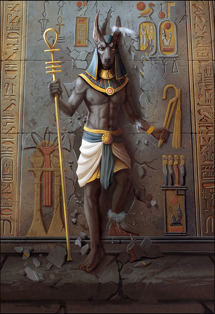 2018 5_fingers abs ankh anthro anubian_jackal anubis barefoot biped black_nose brown_fur brown_nipples canine clothed clothing deity destruction detailed digital_media_(artwork) digital_painting_(artwork) dust egyptian egyptian_clothing egyptian_collar egyptian_headdress egyptian_mythology feet frown full-length_portrait fur grey_theme headdress hieroglyphics holding_object humanoid_feet humanoid_hands jackal jewelry klaft looking_at_viewer male mammal medaya midriff muscular muscular_male mythology navel necklace nipples pecs plantigrade portrait shendyt snout solo staff standing stone transformation yellow_eyes