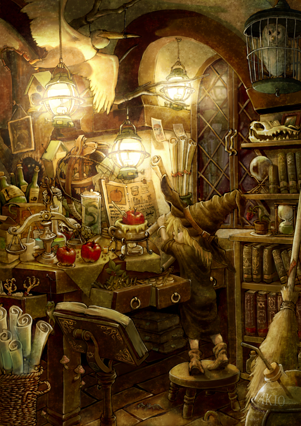 akio_(artist) apple balance_scale basket bat bird book bookshelf bottle broom brown cage chair child claws fantasy food fruit hat lantern magician mushroom orb owl photo_(object) pixiv_fantasia pixiv_fantasia_3 potion room scroll skull solo table weighing_scale witch_hat