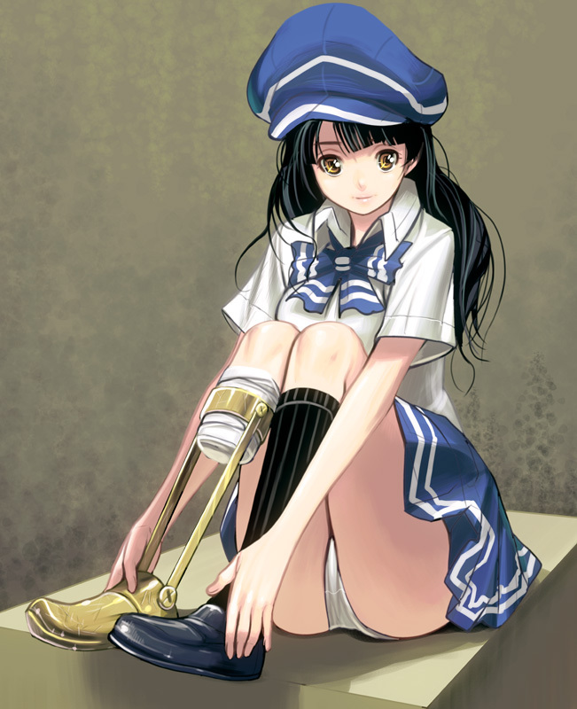 amputee bad_id bad_pixiv_id black_hair brown_eyes cabbie_hat full_body girl_with_golden_shoe hat kin_no_kutsu_gin_no_kutsu long_hair masao panties prosthesis sitting skirt solo underwear