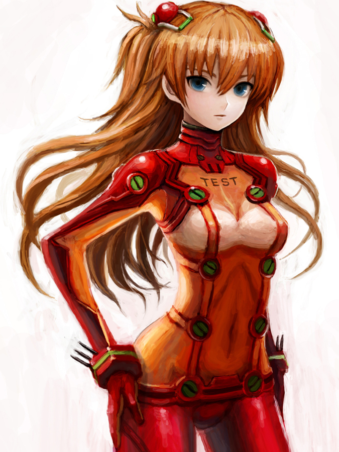 bad_id bad_pixiv_id blue_eyes bodysuit brown_hair evangelion:_2.0_you_can_(not)_advance hands_on_hips hiro1984 long_hair multicolored multicolored_bodysuit multicolored_clothes neon_genesis_evangelion orange_bodysuit plugsuit rebuild_of_evangelion red_bodysuit shikinami_asuka_langley simple_background solo souryuu_asuka_langley test_plugsuit