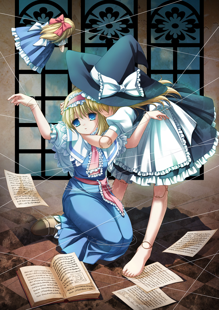 alice_margatroid blonde_hair blue_eyes capelet character_doll doll doll_joints hairband hat kirisame_marisa long_hair multiple_girls puppet shanghai_doll short_hair string takatsukasa_yue touhou witch_hat