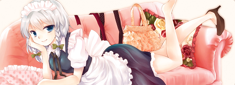 blue_eyes braid couch izayoi_sakuya legs_up lying maid maid_headdress short_hair silver_hair solo teramoto_kaoru touhou twin_braids