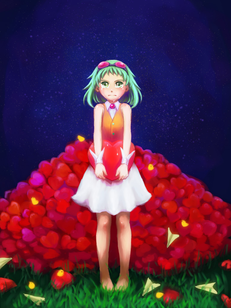 bird campanella_(vocaloid) chick goggles goggles_on_head green_eyes green_hair gumi heart short_hair skirt solo standing tears vocaloid youne