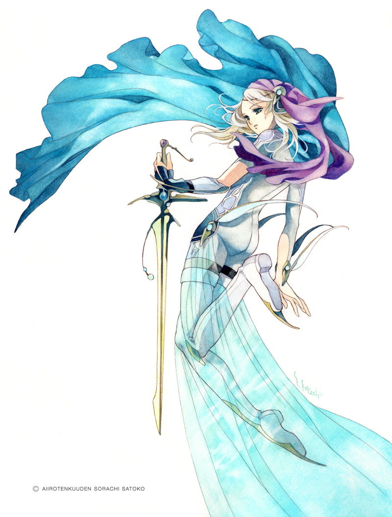 cape head_tilt holding holding_sword holding_weapon long_hair looking_to_the_side md5_mismatch original ponytail purple_hair simple_background solo sorachi_satoko sword traditional_media watercolor_(medium) weapon white_background