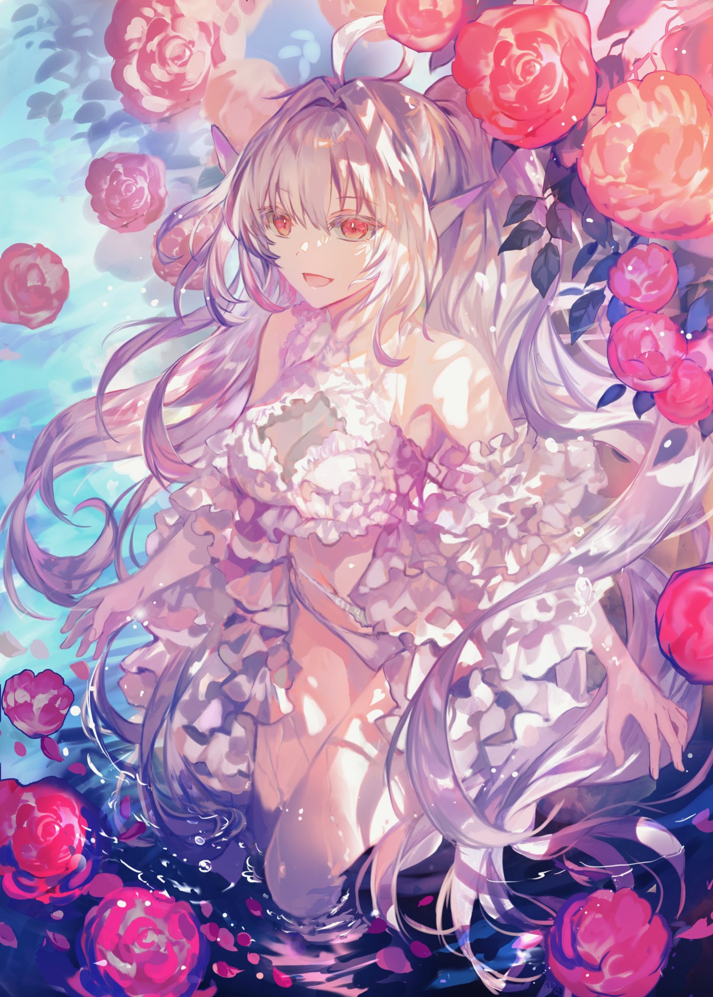 1girl ahoge bare_shoulders bikini breasts cleavage fate/grand_order fate_(series) frilled_bikini frills highres lady_avalon_(fate) lady_avalon_(second_ascension)_(fate) large_breasts long_hair looking_at_viewer merlin_(fate/prototype) navel open_mouth pointy_ears purple_eyes rioka_(southern_blue_sky) see-through see-through_cleavage smile solo swimsuit thighs twintails very_long_hair wading water white_bikini white_hair