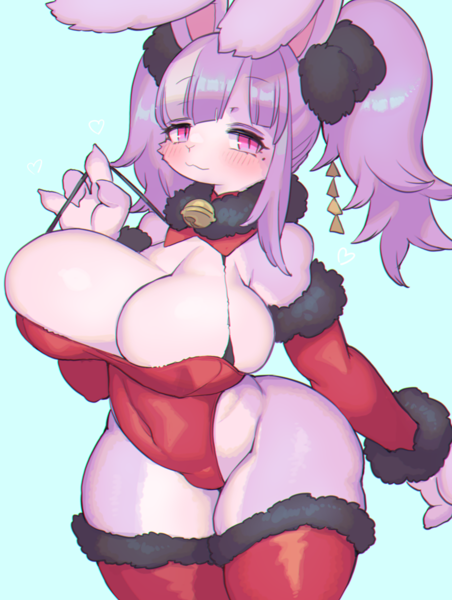 animal_ears animal_nose bare_shoulders bell blush bra_strap breasts cleavage covered_navel detached_collar detached_sleeves fur_trim furry furry_female highres huge_breasts leotard original pink_eyes purple_fur purple_hair rabbit_ears rabbit_girl red_leotard rikose simple_background skindentation strap_pull thighhighs twintails