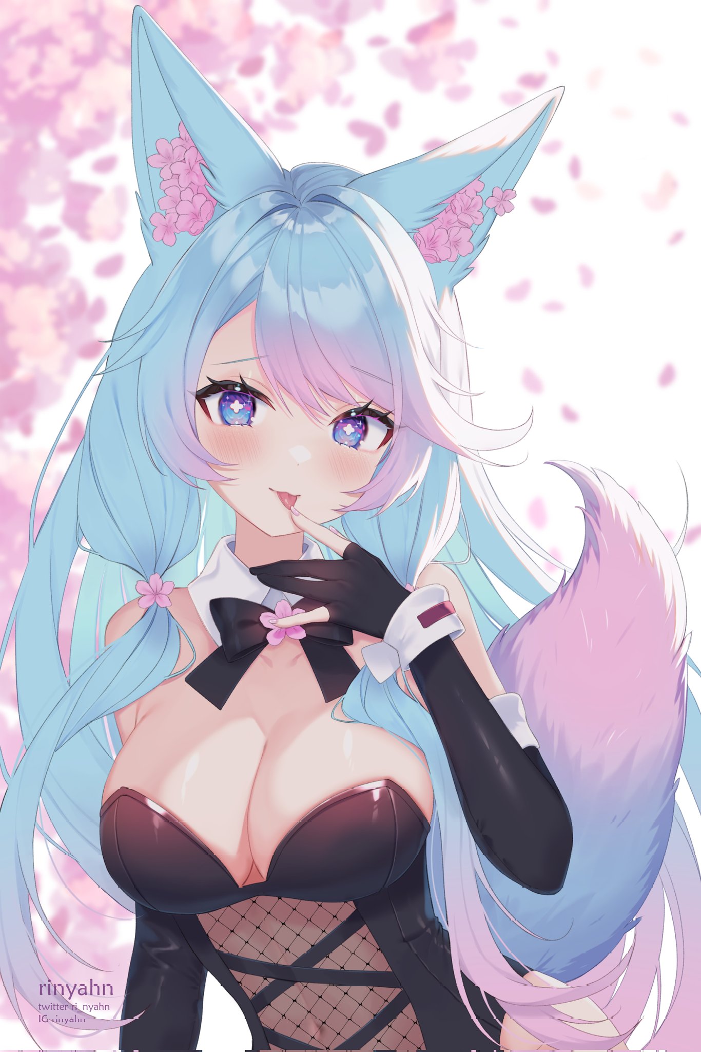 1girl animal_ear_fluff animal_ears artist_name blue_eyes blue_hair blue_tail blush breasts choker cleavage english_commentary flower flower_choker fluffy_hair gradient_hair gradient_nails hair_ornament highres indie_virtual_youtuber large_breasts long_hair looking_at_viewer multicolored_hair multicolored_tail navel pink_hair pink_tail ri_nyahn silvervale solo tail tongue tongue_out upper_body virtual_youtuber wolf_ears wolf_girl wolf_tail