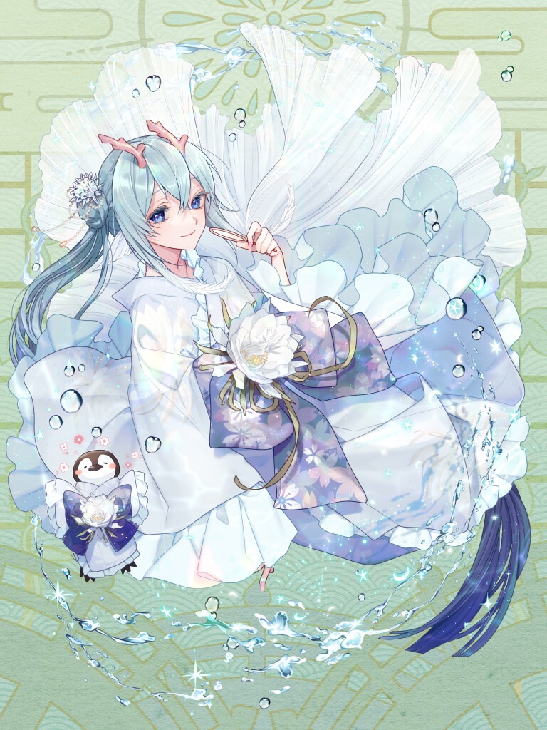 1boy androgynous animal bird blue_eyes blue_hair blunt_ends caustics closed_mouth clothed_animal coral dairoku_ryouhei epiphyllum feather_hair fingernails fins flower flower_ornament frilled_sleeves frills full_body gradient_hair green_background hair_between_eyes hair_bun hair_flower hair_ornament head_fins holding horns japanese_clothes kimono light_blue_hair lilu_luli long_fingernails long_hair long_sleeves looking_at_viewer male_focus merman monster_boy multicolored_hair obi penguin pink_nails poi_(goldfish_scoop) ponytail purple_sash sakuramon sash shizuya_(szy_tw) sidelocks single_hair_bun smile solo very_long_hair water_drop white_kimono wide_sleeves